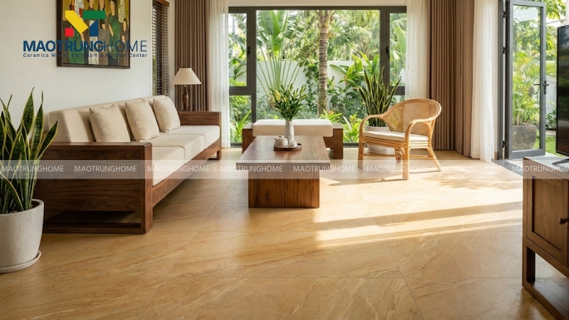 Gạch lát nền vân đá màu vàng tạo vẻ đẹp tự nhiên