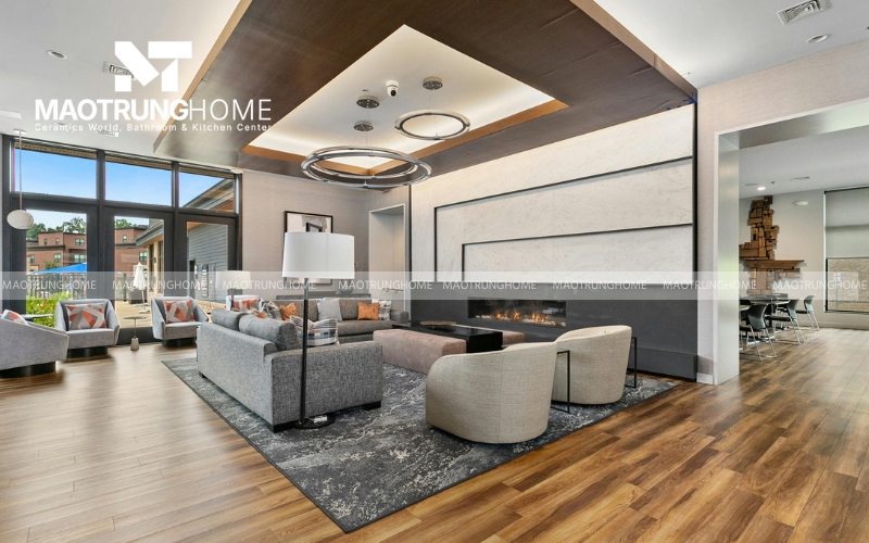 Dùng màu gạch tương phản để tạo điểm nhấn cho khu vực trung tâm