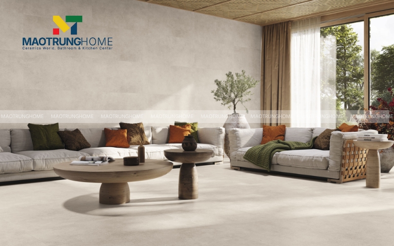 Gạch hiệu ứng xi măng màu nâu đất tạo chiều sâu cho diện tích nhỏ