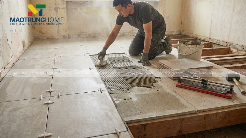 Bạn nên tháo bỏ lớp gỗ cũ trước khi thực hiện lát gạch