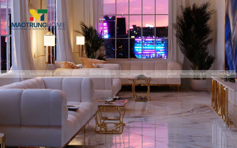 Vẻ đẹp tinh khôi của gạch Carrara trắng vân mây xám trong phòng khách