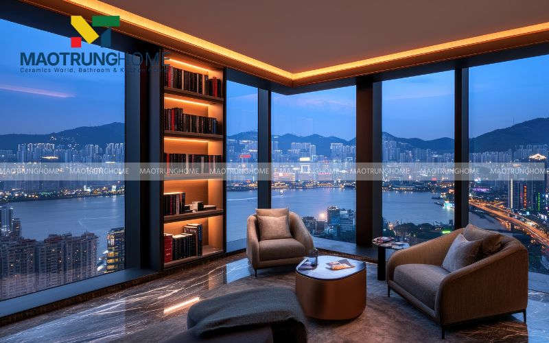 Gạch Calacatta với đường vân mạnh mẽ tạo chiều sâu cho sảnh lớn