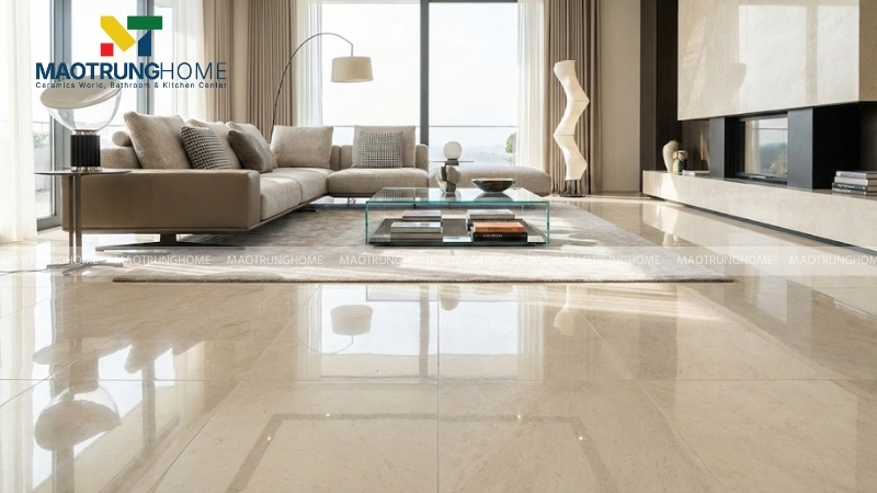 Gạch bóng kiếng với vân đá marble rất hợp với phòng khách hiện đại