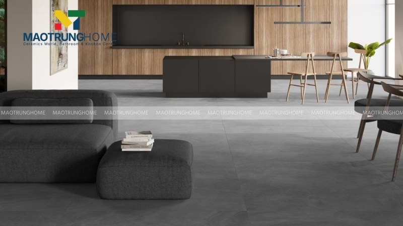 Lựa chọn gạch lát nền màu đen cho phòng khách diện tích lớn