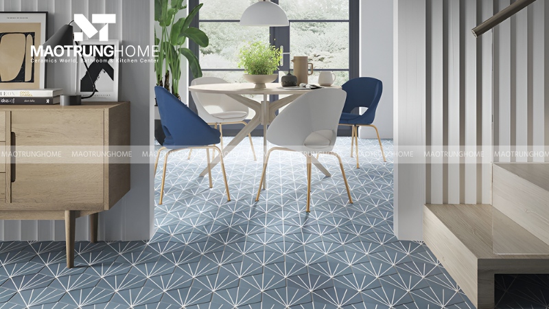 Phối hợp gạch xanh nước biển và tường màu trắng