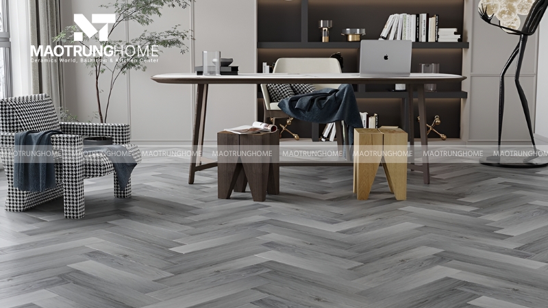 Lát gạch xám vân gỗ kiểu xương cá (Herringbone)