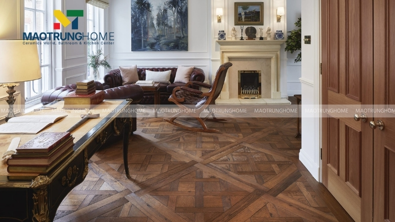 Gạch vân gỗ lát nền phòng khách tạo sự bề thế (Mẫu 6)