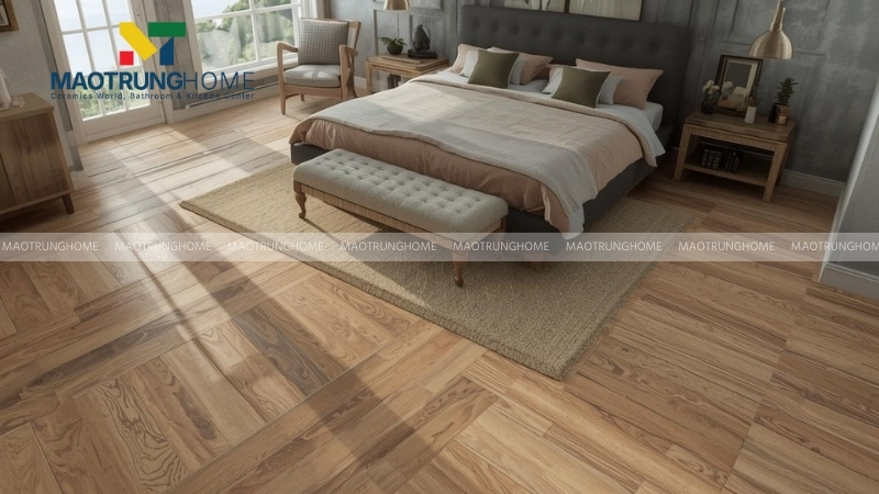 Gạch vân gỗ lát nền phòng ngủ mang lại cảm giác ấm cúng (Mẫu 5)