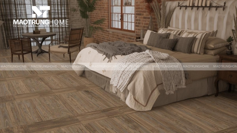 Gạch vân gỗ lát nền phòng ngủ mang lại cảm giác ấm cúng (Mẫu 6)