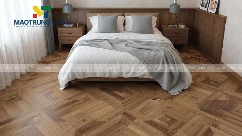 Gạch vân gỗ lát nền phòng ngủ mang lại cảm giác ấm cúng (Mẫu 7)