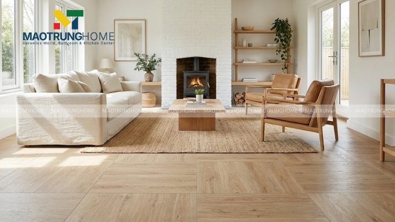 Gạch vân gỗ tông màu sáng cho không gian hiện đại