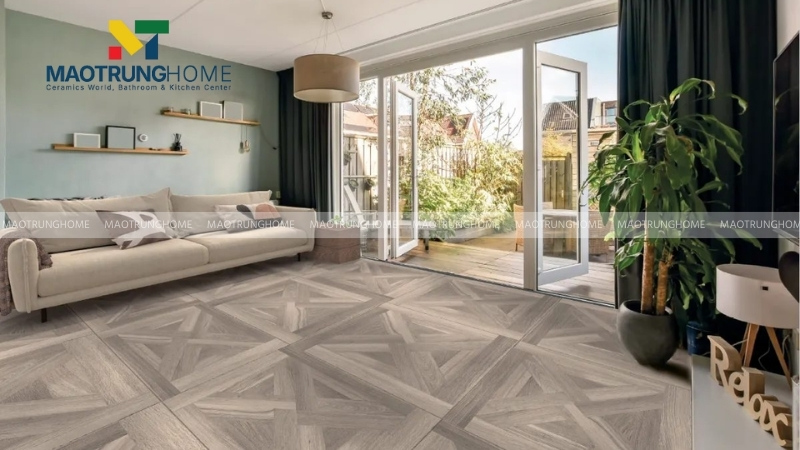 Gạch vân gỗ lát nền phòng khách tạo sự bề thế (Mẫu 4)
