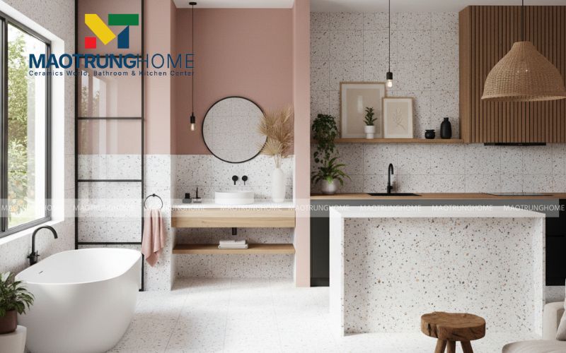 Sự thanh lịch từ mẫu gạch Terrazzo hạt nhí màu kem nhẹ nhàng