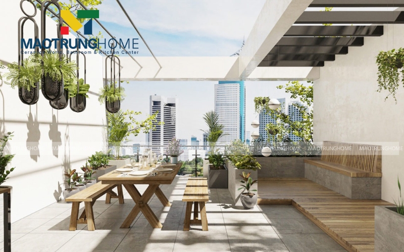 Gạch vân đá ghi sáng mang lại vẻ đẹp sang trọng và tinh tế cho hiên nhà