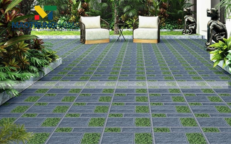 Họa tiết cỏ xanh đan xen sỏi đá mang thiên nhiên vào khu vực ngoại thất