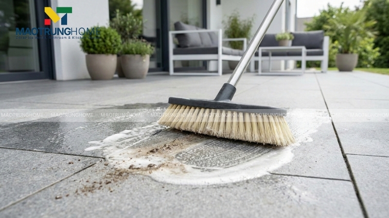 Vệ sinh gạch hiên nhà bằng bàn chải mềm và dung dịch nhẹ