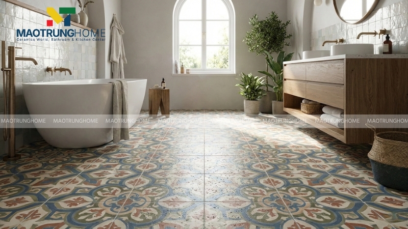 Gạch hoa văn phù hợp với nhà tắm phong cách Địa Trung Hải