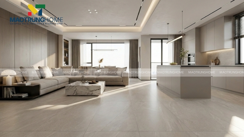 Sàn chung cư lát gạch 120x240cm tạo cảm giác rộng rãi