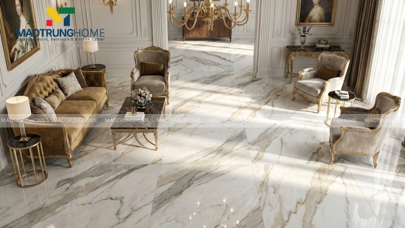 Gạch khổ lớn vân đá Marble lát sàn phòng khách sang trọng