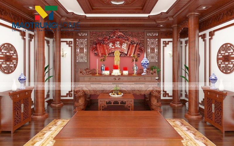 Phòng thờ kiểu mẫu cho không gian rộng với cột trụ uy nghi