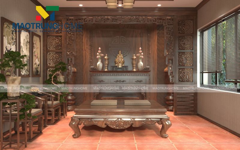 Vách gỗ trang trí tạo chiều sâu và sự riêng tư cho nơi thờ phụng
