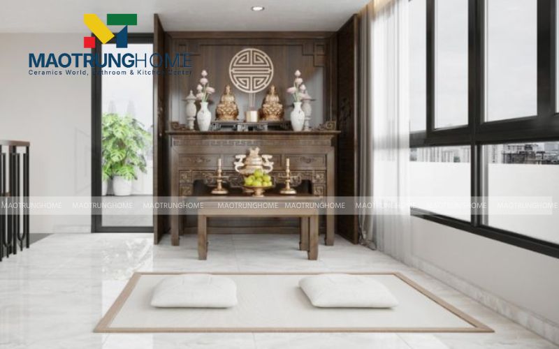 Mẫu bàn thờ gỗ sồi sáng màu cho căn hộ chung cư hiện đại