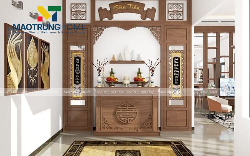 Thiết kế phòng thờ biệt thự đẳng cấp với hoành phi câu đối thếp vàng