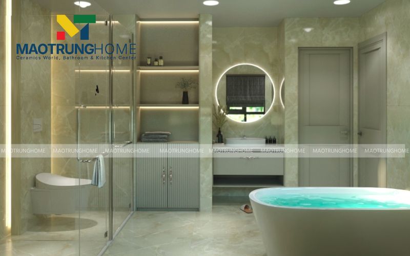 Tông màu kem và trắng khói giúp không gian phòng tắm rộng rãi hơn