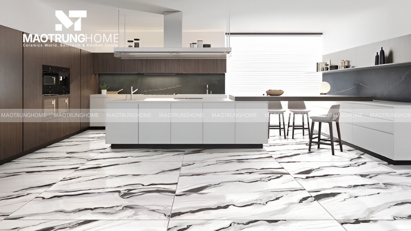 Gạch vân đá Marble trắng Volakas và đen tia chớp (Mẫu 5)