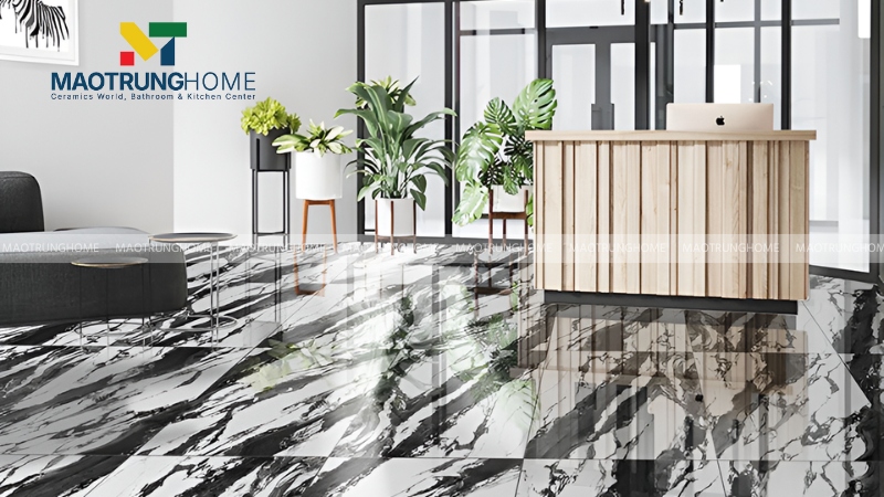Gạch vân đá Marble trắng Volakas và đen tia chớp (Mẫu 3)