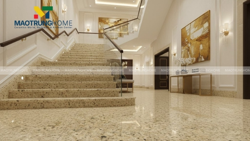 Ứng dụng gạch giả đá hoa cương cho ốp cầu thang và bậc tam cấp