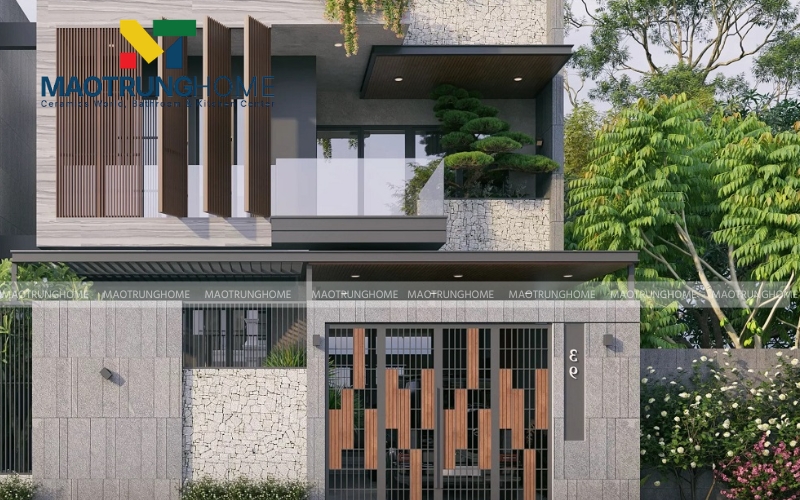 Họa tiết đá cổ tạo chiều sâu nghệ thuật cho mảng tường mặt tiền