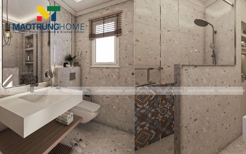 Những hạt đá mịn trên nền gạch màu kem tạo sự nhẹ nhàng