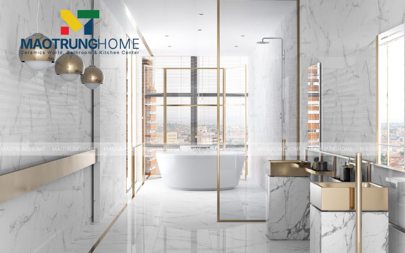 Gạch vân đá tự nhiên giúp nhà tắm nhỏ thêm phần sang trọng