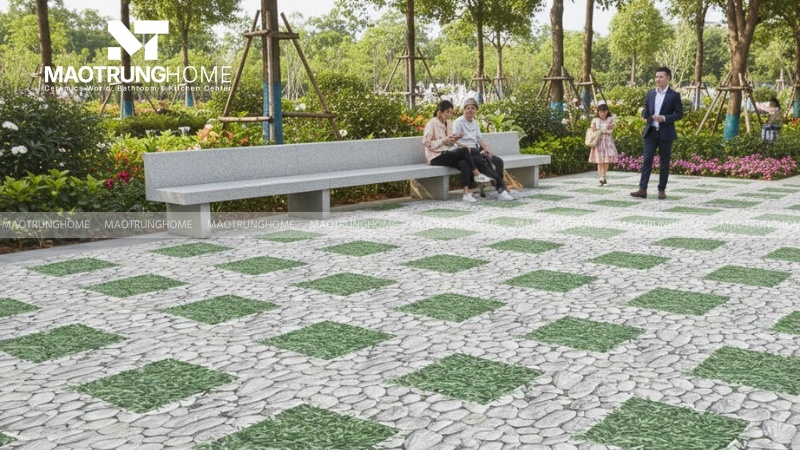 Mẫu gạch sỏi phối cỏ xanh tươi mát (Mẫu 1)