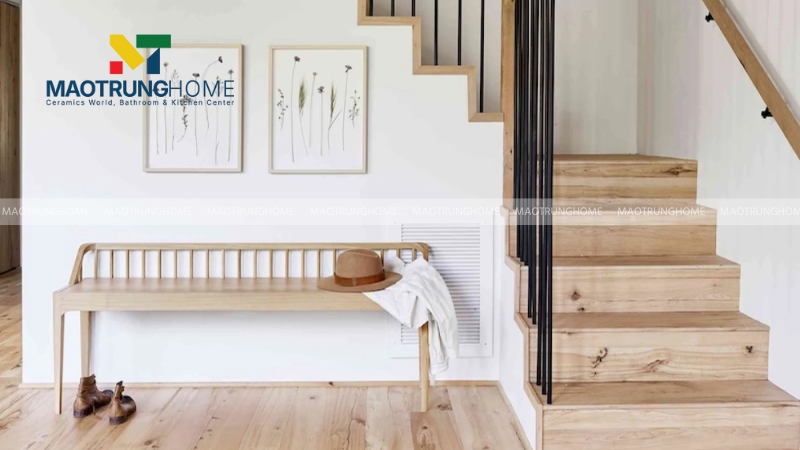 Mẫu gạch lát cầu thang giả vân gỗ tông sáng đẹp