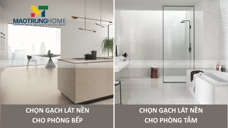 Cách chọn gạch lát nền phòng bếp và nhà vệ sinh với tường trắng