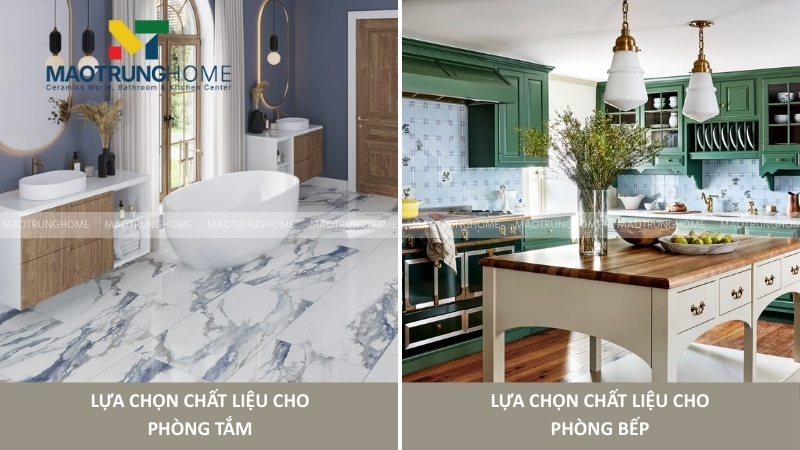 Lựa chọn chất liệu và kích thước gạch cho khu vực phòng tắm và bếp