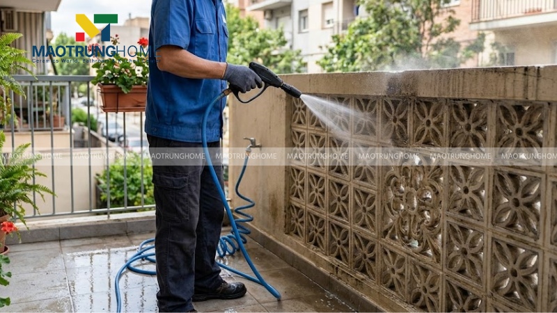 Nên sử dụng vòi xịt nước áp lực vừa phải để đẩy bụi bẩn tích tụ trong các kẽ hoa văn