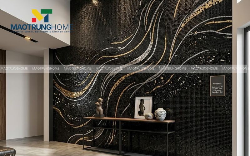Gạch mosaic đen ghép từ nhiều viên nhỏ chất liệu gốm cao cấp