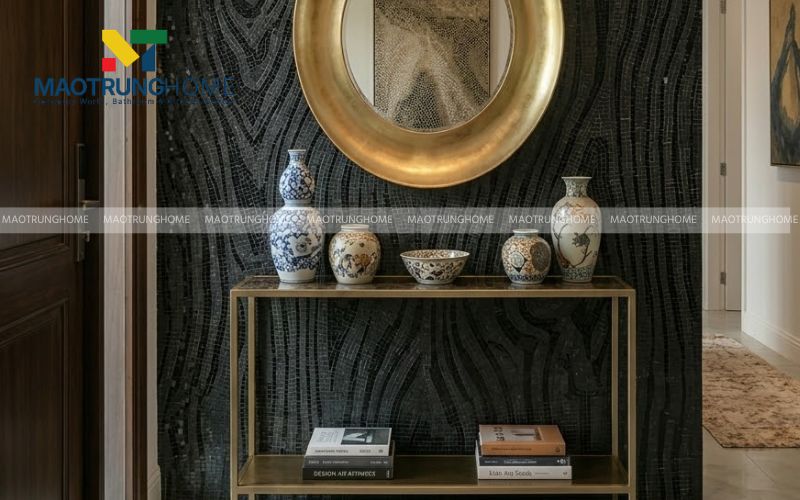 Hiệu ứng bắt sáng lấp lánh từ gạch mosaic thủy tinh màu đen