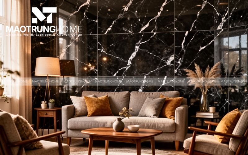 Gạch vân đá Marble đen bóng kiếng tạo hiệu ứng gương soi