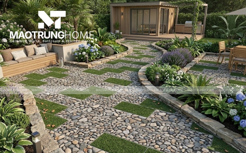 Sự kết hợp giữa cỏ xanh và sỏi đá