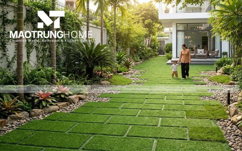 Hiệu ứng 3D chân thực của dòng gạch sỏi cỏ chống trơn trượt