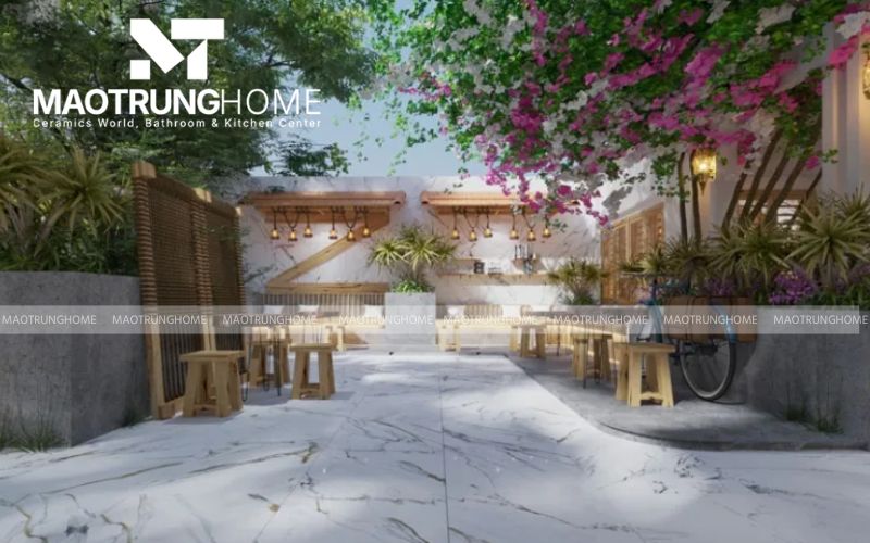 Gạch vân đá cẩm thạch trắng (Marble) sang trọng cho không gian sân vườn thượng lưu.