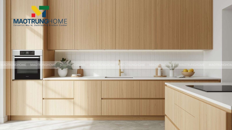 Phối hợp gạch ốp với hệ thống tủ bếp