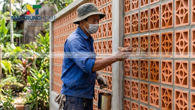 Hoàn thiện bề mặt gạch bông gió bằng sơn phủ bảo vệ