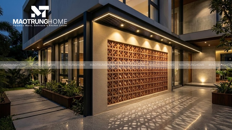 Kết hợp với hệ thống đèn LED hắt tường vào ban đêm để tạo hiệu ứng bóng đổ nghệ thuật