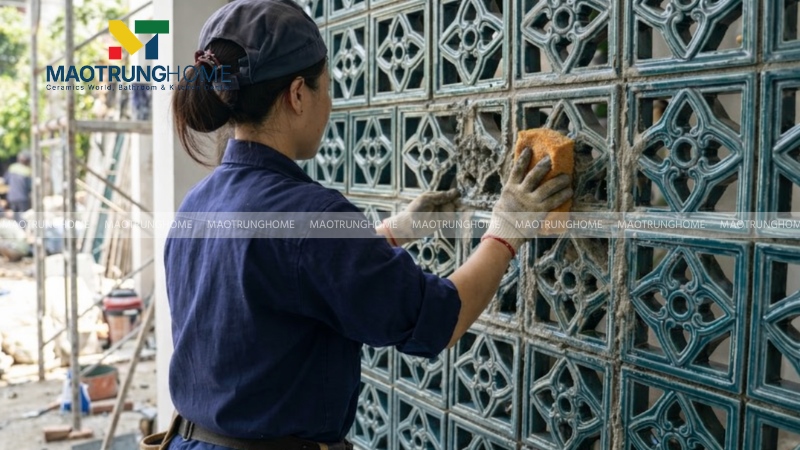 Dùng mút ẩm vệ sinh ngay các vết vữa thừa bám trên mặt men trước khi vữa khô hoàn toàn