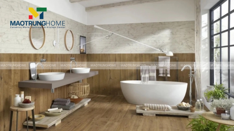 Màu vân gỗ tối tạo điểm nhấn mạnh mẽ trên nền tường